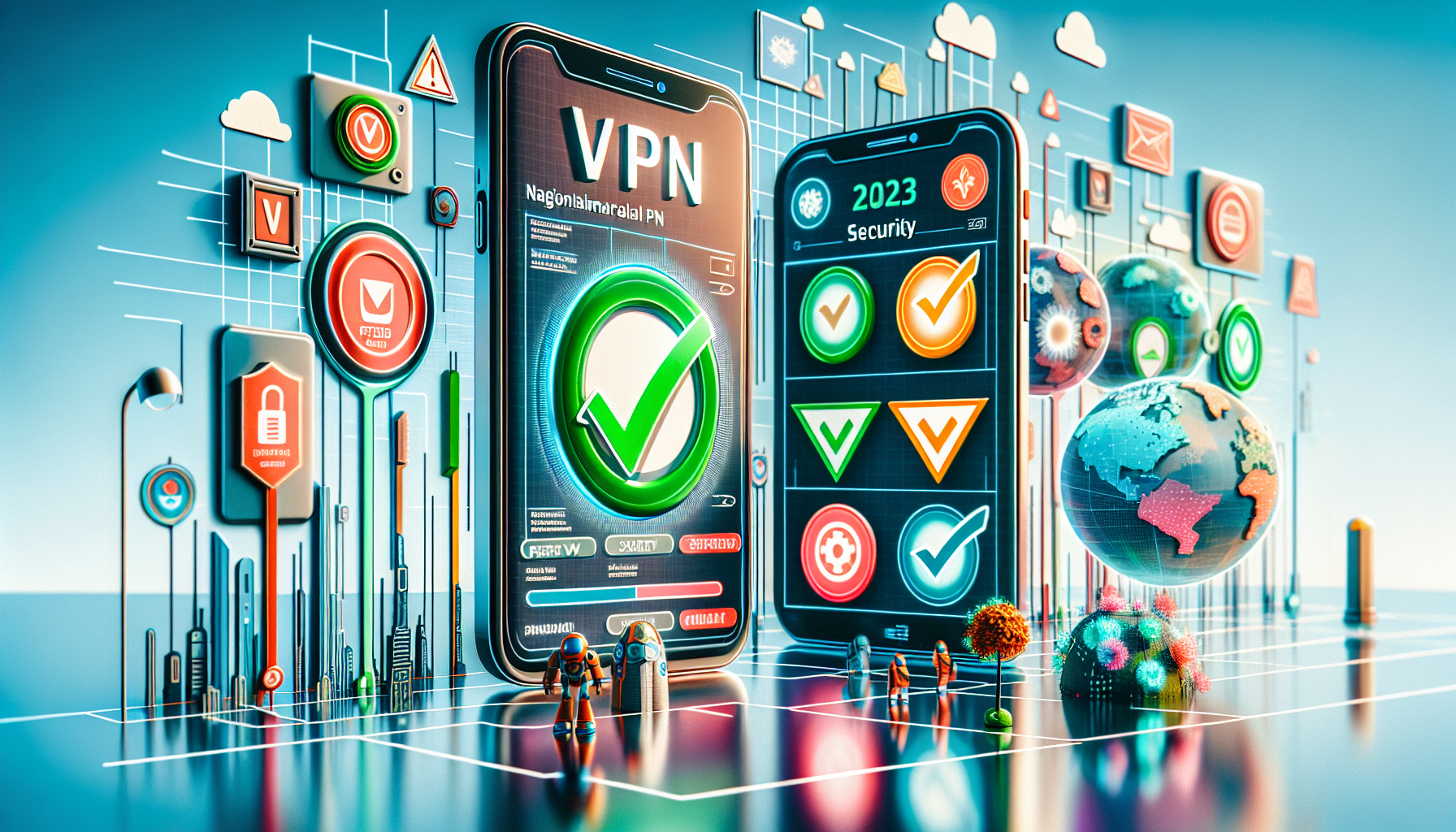 Create an image that visually showcases a comparative analysis of the best VPN options for iPhone in 2023. The illustration should include icons or logos of top VPN providers arranged in a comparison chart format, highlighting key features such as speed, security, and pricing. Incorporate elements like iPhones, checkmarks for advantages, and exclamation marks for disadvantages. The background should be clean and modern with elements of technology and cybersecurity subtly integrated.