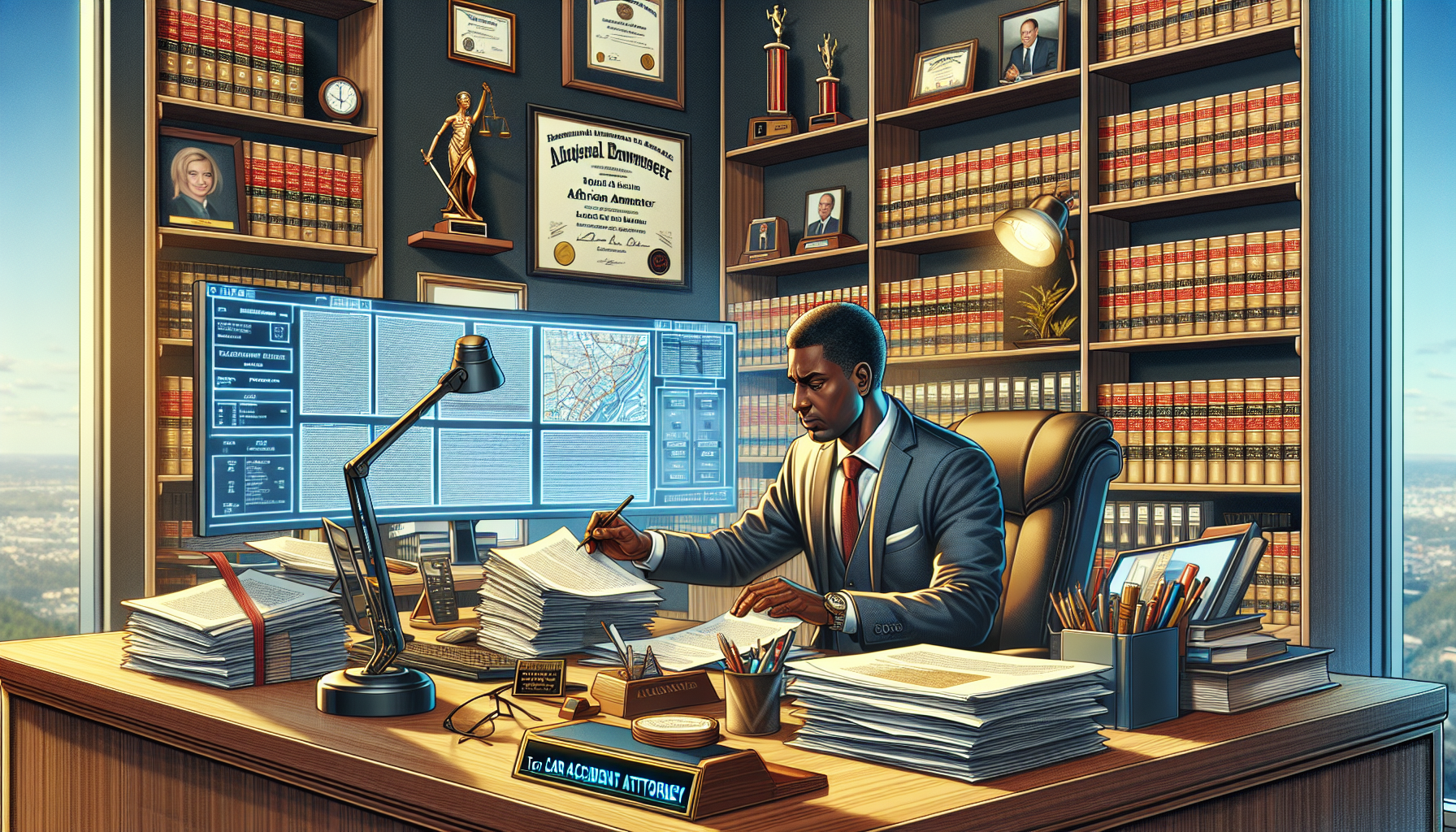DALL-E prompt: Create a cinematic and detailed office scene showing a highly competent and trustworthy lawyer for car accident cases working at his desk. The lawyer, a middle-aged African American man, is meticulously reviewing a stack of car accident case files, frequently glancing at a large computer screen displaying a digital map of the accident scene. Surrounding him are shelves filled with law books and framed client testimonials hanging on the wall. On his desk are a nameplate with credentials visible, a law degree, and numerous trophies signifying his track record in similar cases. In the forefront, a plaque displaying the text 