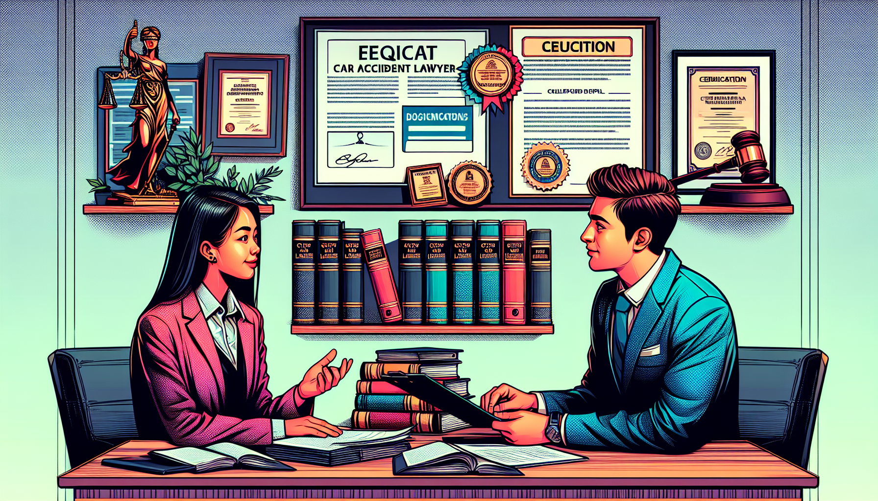 Depiction of a prospective client in a consultation meeting with a car accident lawyer, reviewing documents and asking questions, in a professional office setting with legal books and certifications visibly displayed, showcasing an open and honest discussion about fee structures.