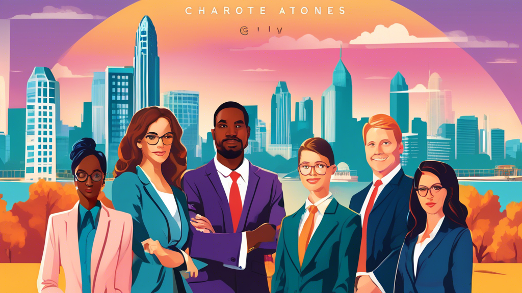 An illustrated guidebook cover depicting a confident, diverse group of personal injury attorneys standing in front of the iconic Charlotte skyline, with the title 