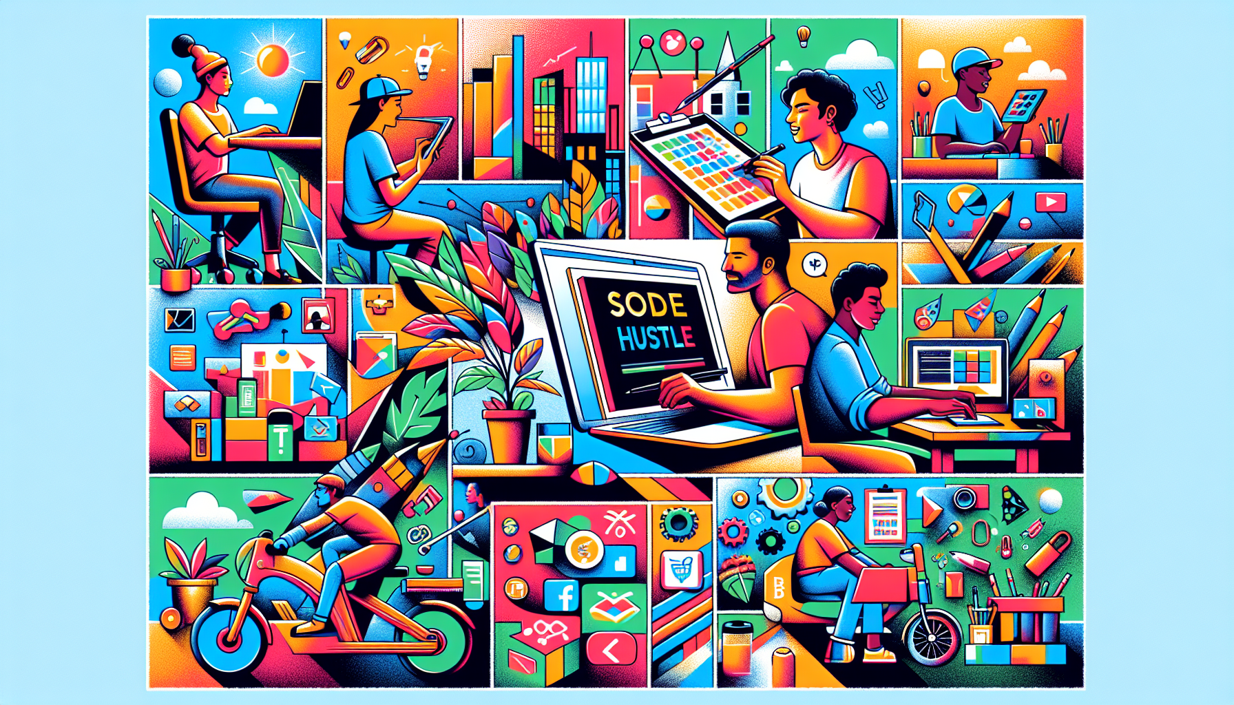 Create an image showcasing the top 10 best side hustles for 2023. The image should be divided into ten sections, each featuring a different side hustle. Use vibrant and engaging visuals to highlight the variety of opportunities, such as online tutoring, freelance graphic design, social media management, gig economy jobs like food delivery, and creative talents like custom crafts. Include elements like laptops, smartphones, delivery bikes, arts and crafts materials, and social media icons to represent the different hustles. The backdrop should be modern and dynamic, reflecting emerging trends and industries.