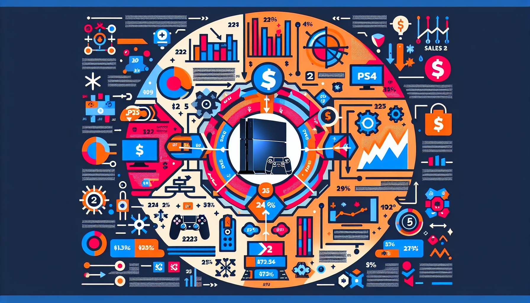 **DALL-E Prompt:** Illustrate the factors influencing PS4 price changes in 2023. Include elements like the impact of the PS5 release, seasonal sales events with discounts and promotions, and economic factors such as inflation and manufacturing costs. Depict this in a visually engaging infographic style, with icons and charts that clearly represent these influences on PS4 pricing trends.