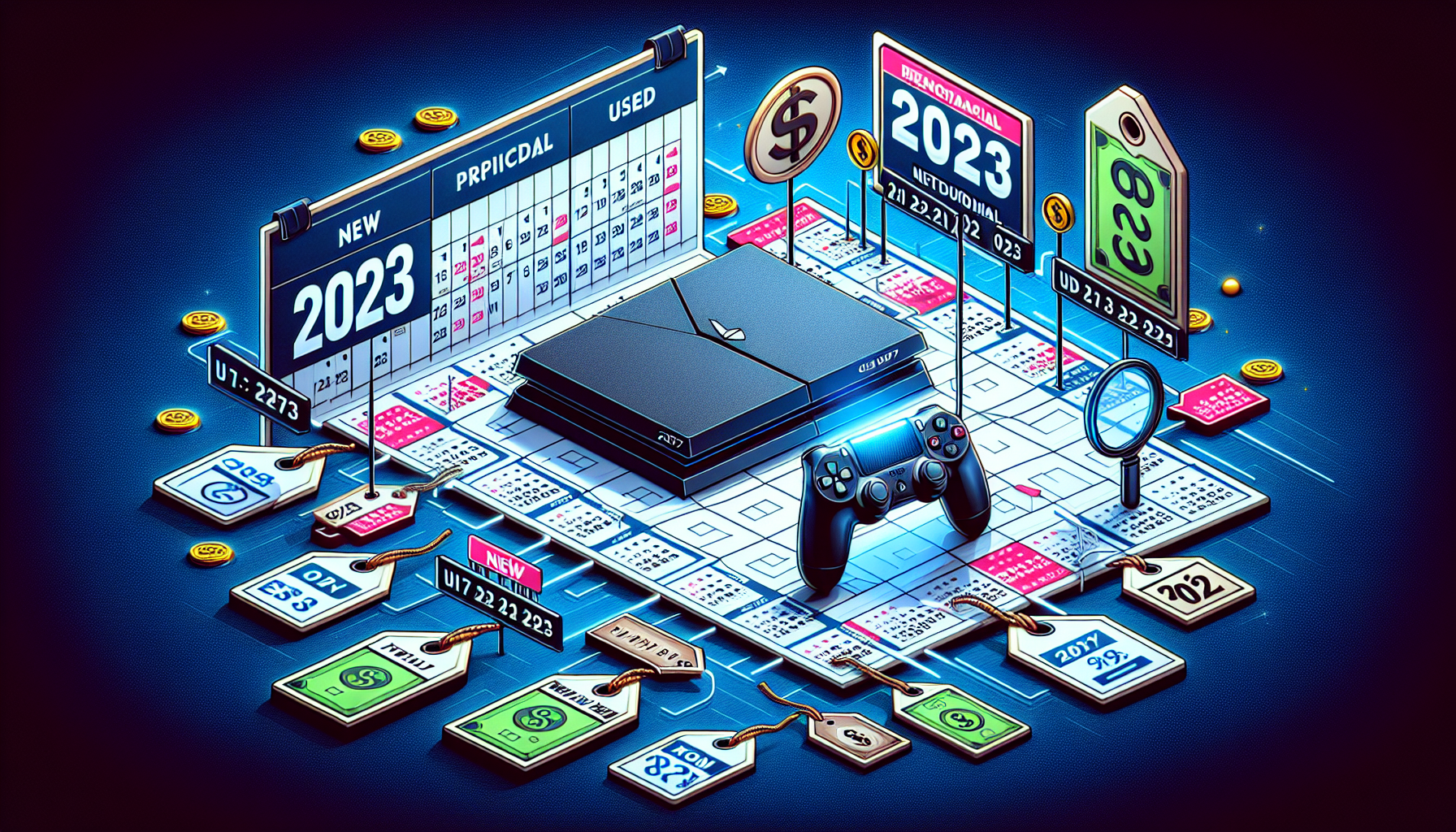 Create an image that features a sleek PS4 console surrounded by price tags displaying various amounts. In the background, there