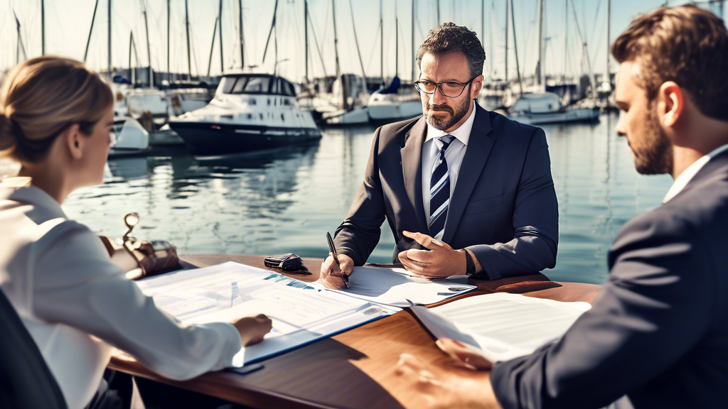 Create an image depicting a boat lawyer assisting clients in various maritime scenarios. The lawyer, dressed in professional attire, is seen in three different situations: helping a client with a personal injury claim on a boat, reviewing and discussing a boat purchase agreement with another client, and explaining compliance with maritime laws and regulations to a group of boaters. The background features a calm marina with various types of boats, emphasizing the legal aspects of boating activities.