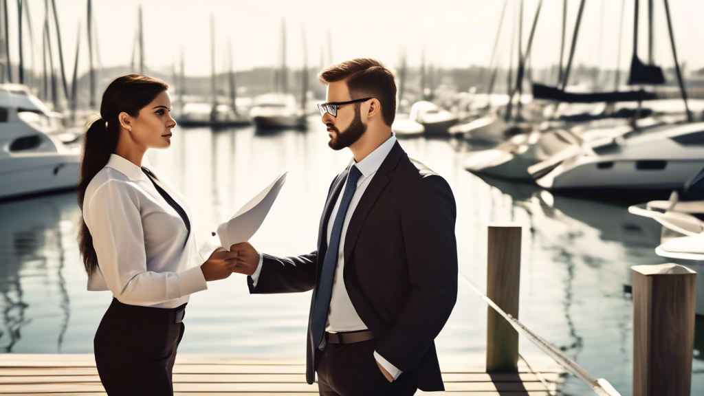Create an image depicting a confident person standing at a marina, discussing with a professional lawyer holding legal documents. The lawyer should be dressed in business attire, and there should be visual elements indicating boating and maritime activities in the background, such as boats, docks, and ocean waves. The scene should evoke trust and professionalism, highlighting the importance of qualifications, local knowledge, and connections within the boating community. 

Keywords: boat lawyer, marina, professional advice, maritime law, boating community.
