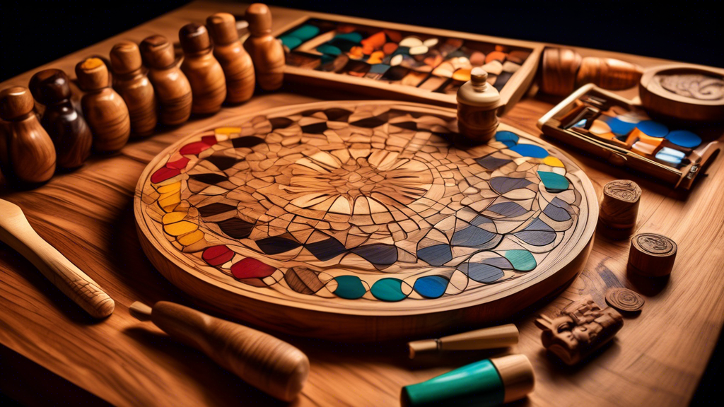 An artisan meticulously hand-carving delicate draughts pieces from exotic wood on an intricately inlaid board, with tools and wood shavings scattered around in a warmly lit workshop, emphasizing the luxury, craftsmanship, and attention to detail in creating a high-end draughts set.