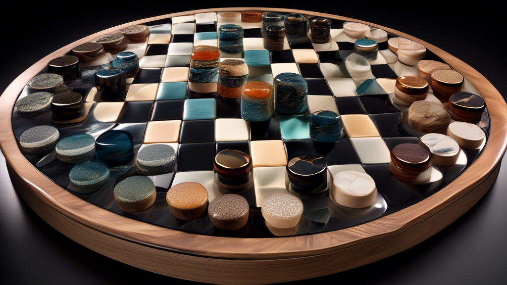 Detailed display of a selection of luxury draughts sets by top brands and artisans, showcasing exquisite craftsmanship, a variety of high-quality materials like wood, glass, and stone, and unique design elements that highlight their elegance and superior quality, in an upscale boutique environment.