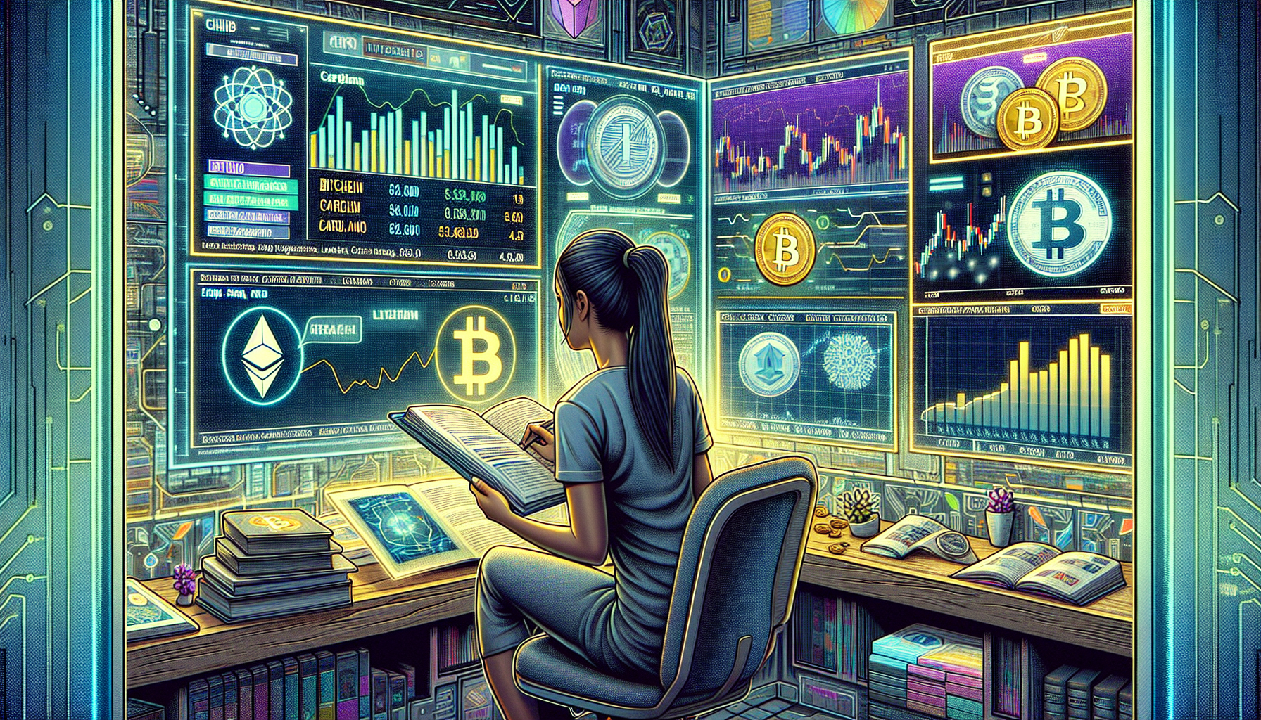 A futuristic digital illustration showing a person studying cryptocurrency charts and news updates on multiple screens, surrounded by symbols of Bitcoin, Ethereum, Cardano, Binance Coin, and other popular cryptocurrencies. The scene should emphasize the strategies of dollar-cost averaging, long-term holding, and secure cryptocurrency management. Include elements that suggest ongoing research and continuous learning, such as books, graphs, and a blockchain network hologram.