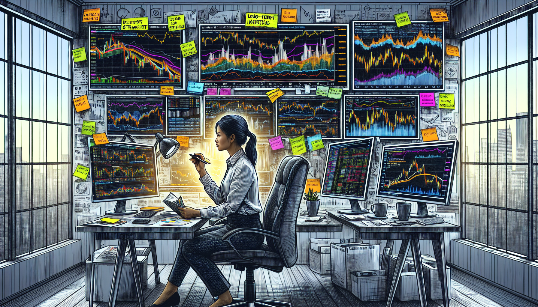 Create an image that depicts a trader using the Webull platform on multiple monitors, with various stock charts and market data displayed. Surround the trader are sticky notes and a whiteboard with handwritten tips on responsible margin use, such as 