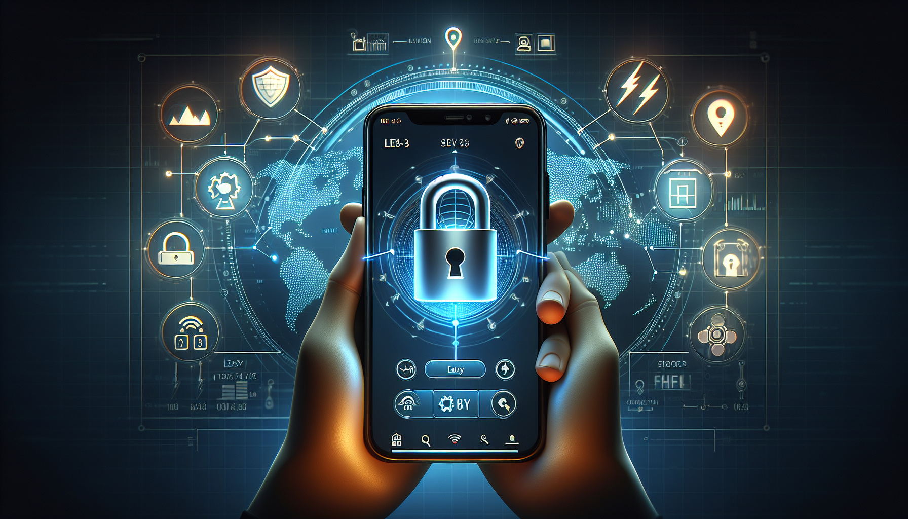 Create an image showing a sleek iPhone with an open VPN app on its screen. The background should feature icons and symbols representing lightning-fast speed, secure privacy policies, user-friendly interface, and various global server locations (world map with location pins). The iPhone screen should display a user-friendly VPN interface with clear indicators of connection status, speed, and server options. The overall design should be modern, clean, and tech-savvy, reflecting the advanced features important for choosing a VPN for iPhone in 2023.