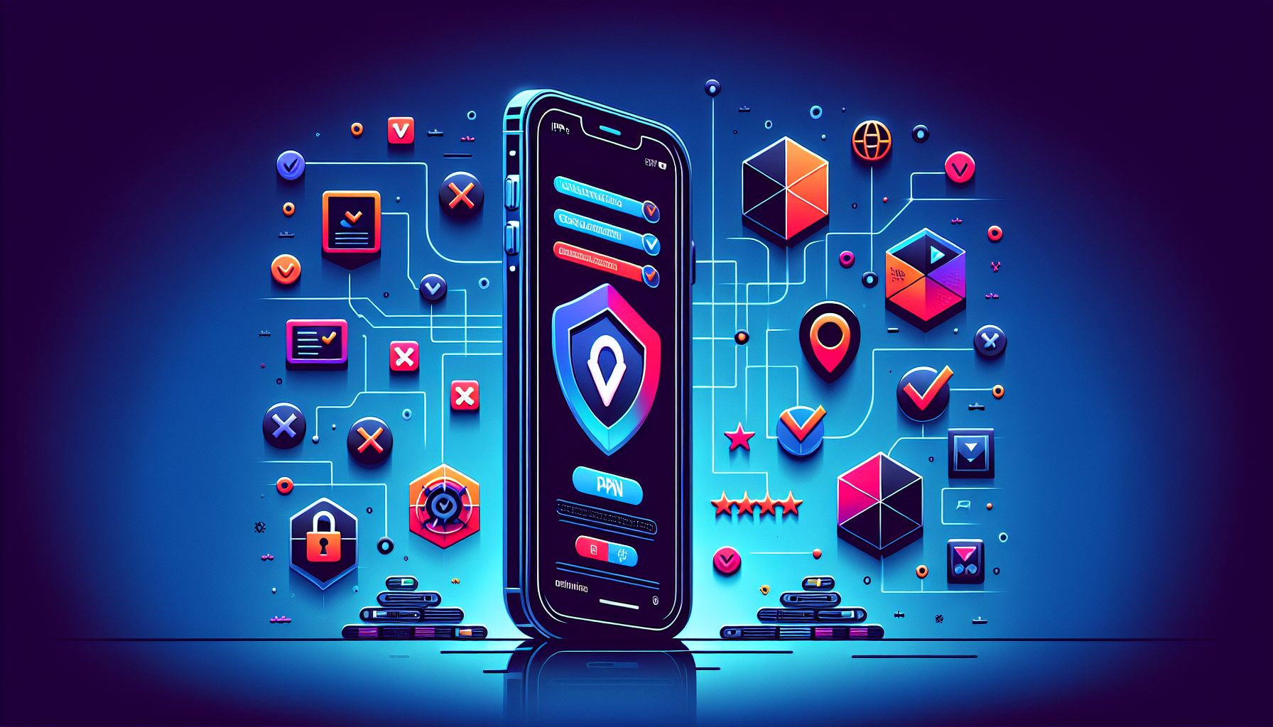 A high-quality digital illustration showcasing the top VPN options for iPhone in 2023. The image should feature a modern iPhone with its display showing a sleek interface of a VPN app. Surround the iPhone with logos of popular VPN services such as NordVPN, ExpressVPN, Surfshark, and CyberGhost. Include visual elements like checkmarks and crosses to represent pros and cons, and star ratings to indicate user reviews. The background should have a tech-savvy feel with subtle graphics of data encryption and global server locations.
