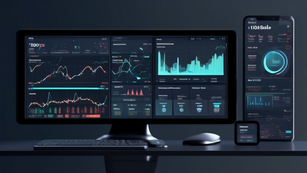 An illustration of a digital dashboard displaying the 1000pip Builder interface side-by payable software, highlighting unique tools and comparison charts in a modern, sleek design, with digital representations of various Forex trading tools surrounding it showing distinct features and user interfaces.