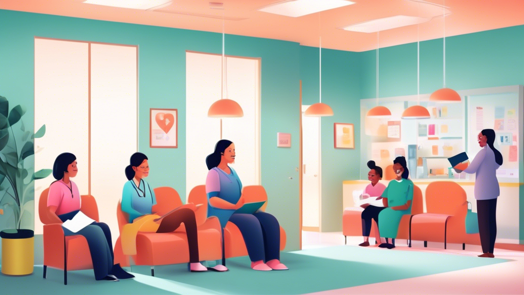 Digital illustration of a welcoming DOT clinic waiting room with patients holding necessary documents and interacting with friendly staff preparing for their DOT physical examinations.