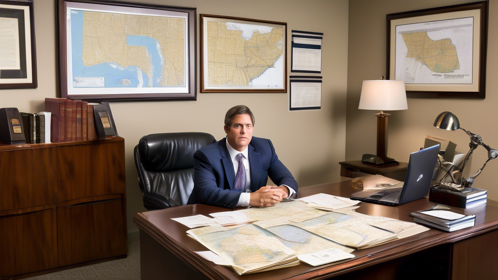 An image of a focused, professional Baton Rouge boat accident lawyer sitting in a well-organized office, surrounded by maritime law books and displaying a map of Baton Rouge waterways. The lawyer is in the middle of a consultation with a client, explaining a document, while a laptop screen shows statistics of successful boat accident claims. Beside them, a wall displays framed pictures of certifications and awards in maritime law, reflecting expertise and success in the field.
