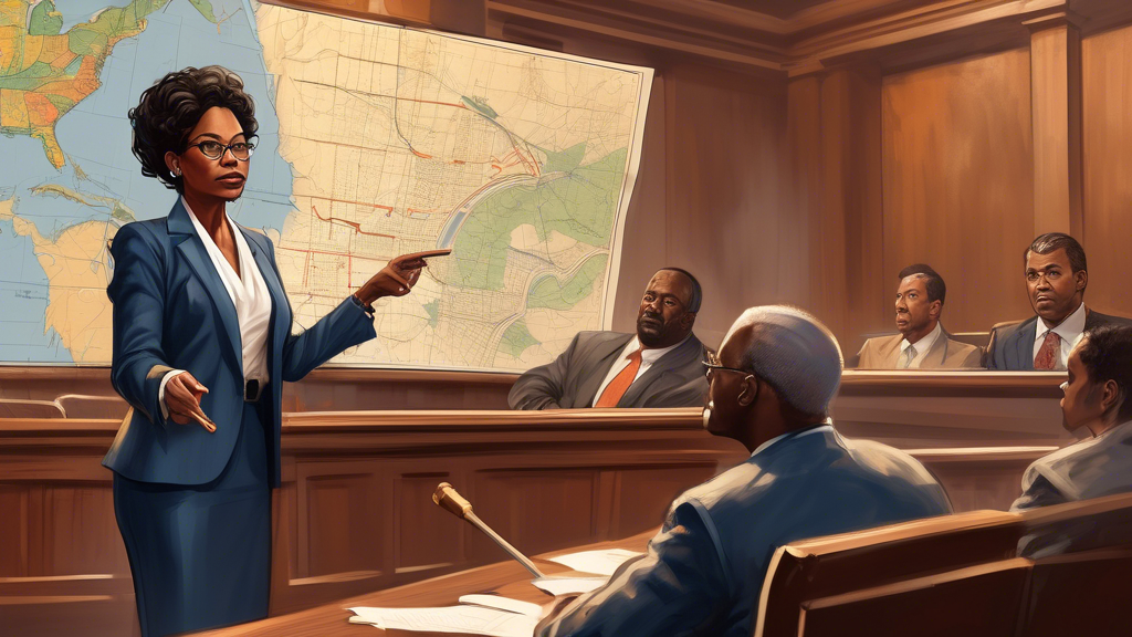 DALL-E prompt: Illustrate a professional Baton Rouge boat accident lawyer in a courtroom setting, confidently addressing a jury with a detailed map of Baton Rouge waterways in the background. The lawyer, a middle-aged African American woman, is depicted wearing a sharp suit and pointing towards the map, explaining how local maritime laws apply to a recent boat accident case. The courtroom is filled with attentive jury members and a Baton Rouge flag is visible in the scene, emphasizing the local focus of the legal expertise.