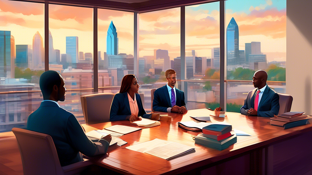 A digital artwork of a serene and professional law office in Charlotte, North Carolina, with diverse attorneys discussing strategies over a large, wooden conference table, highlighted by books on law and justice, with soft light filtering through large windows overlooking the city skyline.