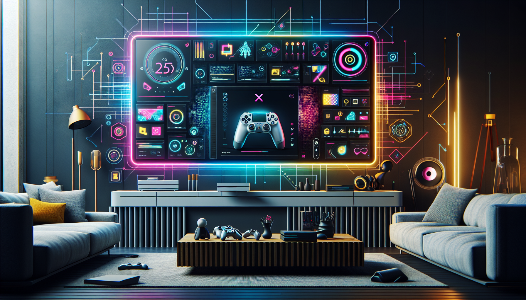 A sleek and modern PS4 new edition console displayed on a futuristic living room setup. Show the innovative user interface on the large TV screen, emphasizing the streamlined dashboard, personalized settings, and ease of navigation with vibrant and dynamic icons. The background should hint at a high-tech, cozy ambiance with other gaming accessories subtly placed around.