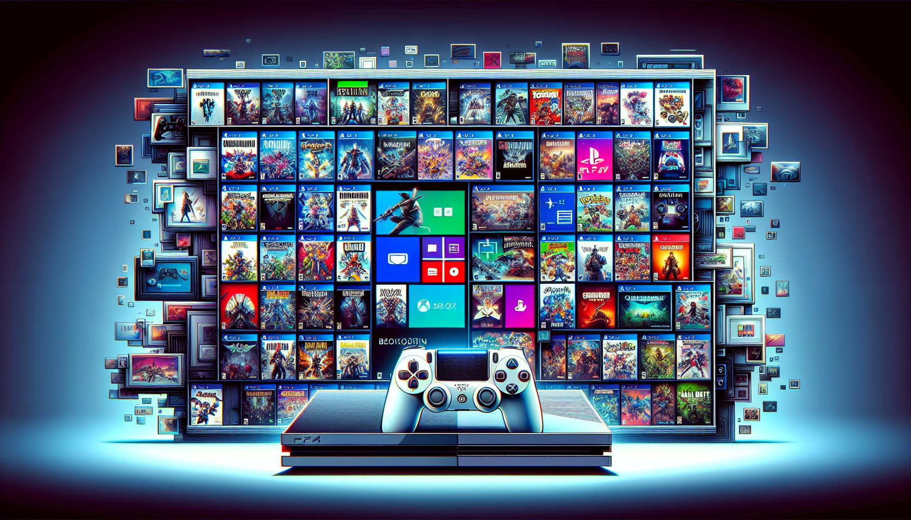 Create an image of the new PS4 model displaying an extensive and vibrant game library on a sleek, modern interface. Highlight a few exclusive game titles and backward compatibility features, showcasing a diverse array of game covers and genres. Use a visual style that exudes excitement and innovation, reflecting the advanced gaming capabilities of the PS4 new model.