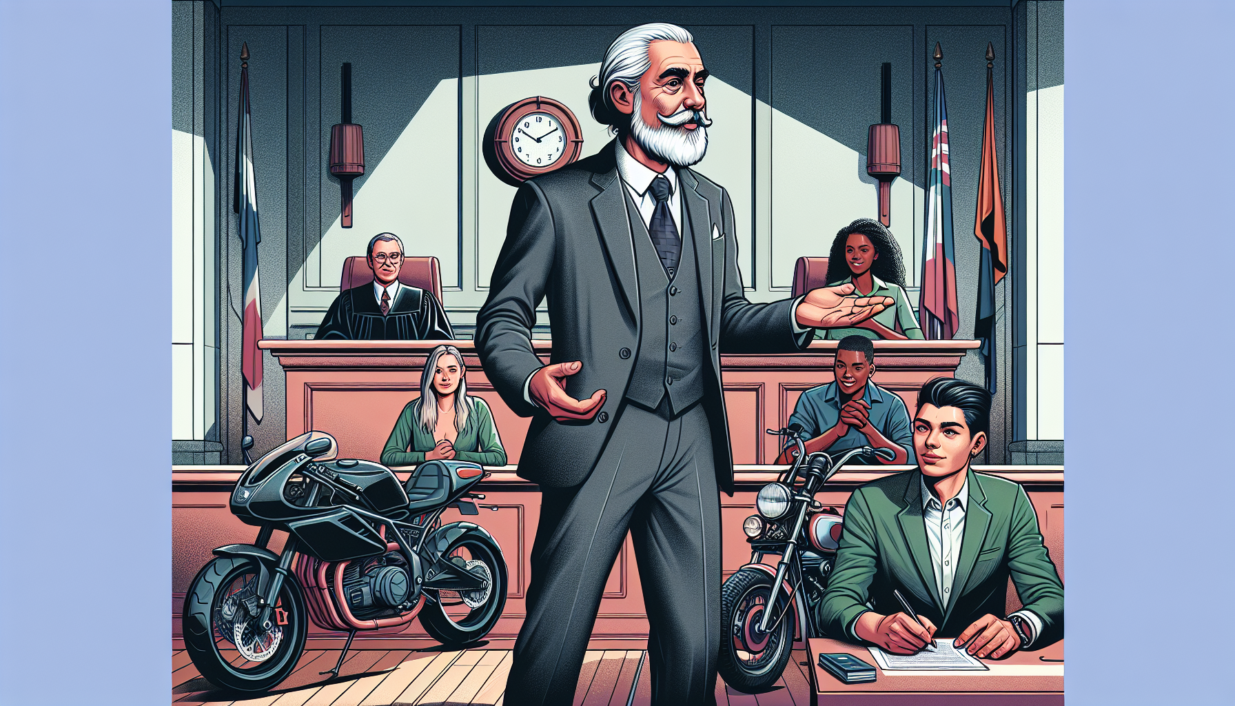 Detailed illustration of a highly experienced motorcycle lawyer presenting in a courtroom, visually depicting his deep understanding of motorcycle laws, surrounded by grateful clients with various motorcycles, emphasizing his success rate and positive testimonials.