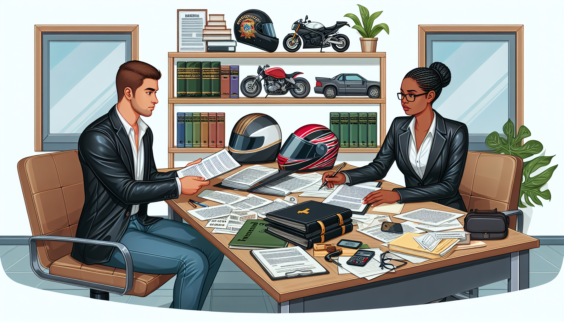DALL-E prompt: Illustrate a detailed office setting where a client is preparing for their first consultation with a motorcycle lawyer. The image should depict a diverse range of important documents such as medical reports, accident scene photos, and insurance papers spread across the desk. The client, visibly focused and determined, is taking notes while the motorcycle lawyer, a confident and experienced professional, gestures towards the documents, clarifying a point. The background shows a shelf filled with legal books and motorcycle helmets, subtly emphasizing the lawyer