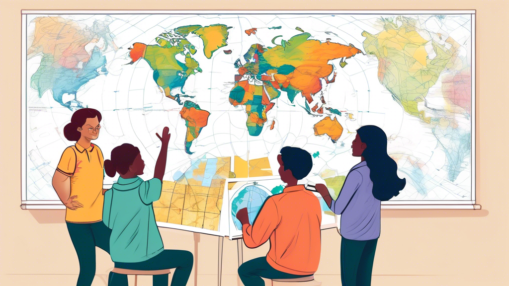 A DALL-E prompt for an image that relates to point #3 of the outline, Incorporating Outline Maps into Your Teaching Strategy, could be:

A colorful illustration of a classroom with students actively engaged in geography lessons using education place outline maps. The students are working together in small groups, pointing at various features on the maps and discussing them with enthusiasm. The teacher is moving around the classroom, providing guidance and support. The image should convey a sense of interactive learning, collaboration, and the effective use of outline maps as a teaching tool.