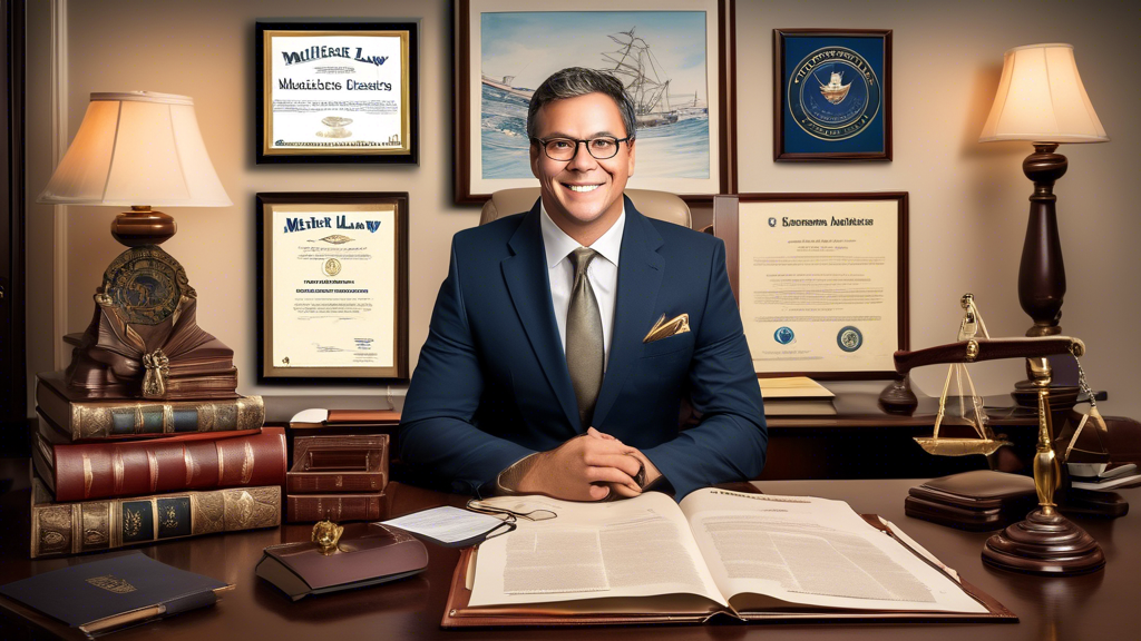 Create an image featuring a confident, professional-looking lawyer in a well-organized office adorned with maritime-themed decor. The lawyer is holding a law book titled Maritime Law and is surrounded by documents and certificates showcasing their experience and expertise. In the background, include framed testimonials and awards to emphasize their successful track record. The setting should exude an air of reliability and trustworthiness, reflecting the top qualities to look for in a reliable boat accident lawyer.