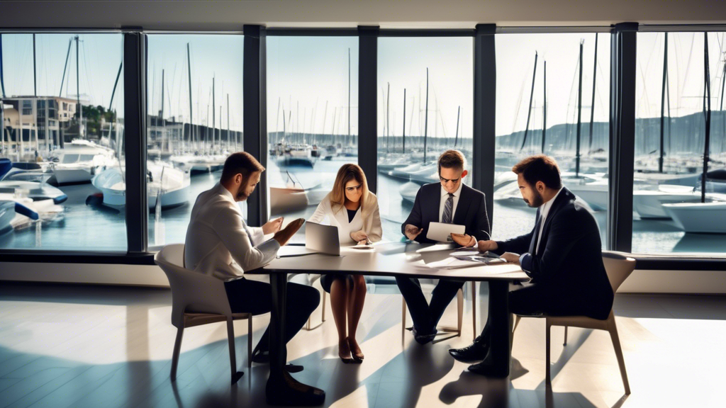 A group of people sitting around a table, each with a tablet or laptop, searching for a boat accident lawyer online. The table is filled with brochures and business cards. The room has a large window with a view of a marina and boats outside. One person is holding a phone, likely speaking to a lawyer, while others are intently looking at their screens. Text overlays on the image highlight steps like 