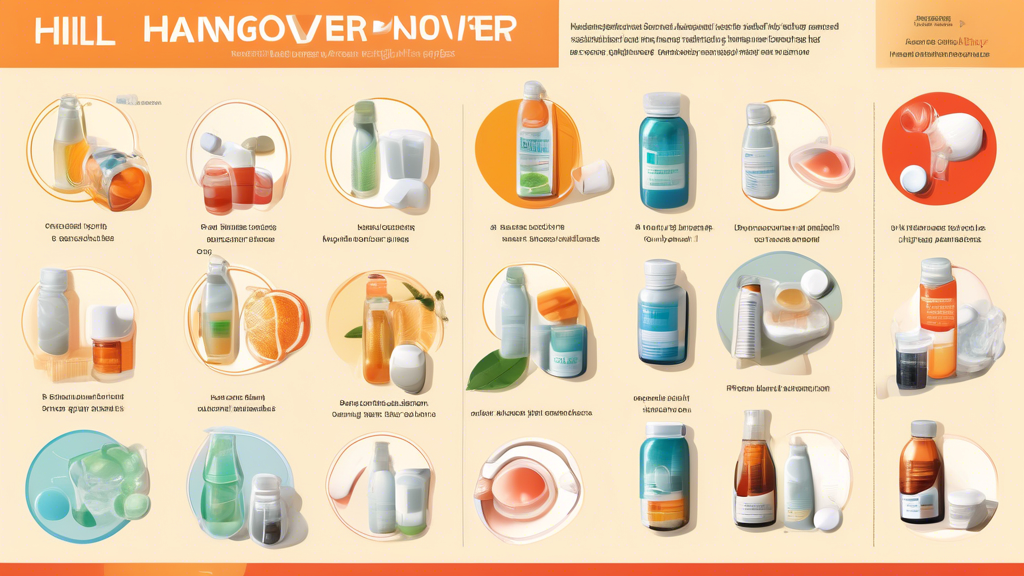 An illustrated comparison of various hangover relief methods including hangover patches, pills, natural remedies, and hydration therapies, depicted on a visually engaging infographic with user tips and potential side effects highlighted.