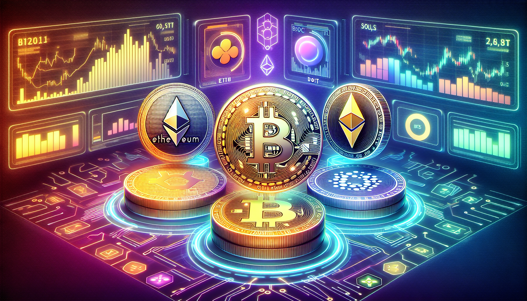 Create an image that showcases the top coins to invest in right now, featuring prominent cryptocurrencies like Bitcoin (BTC), Ethereum (ETH), Polkadot (DOT), Cardano (ADA), and Solana (SOL). Display these coins in a futuristic, digital setting with holographic charts and graphs indicating their market performance and potential growth. Highlight Bitcoin as the central focal point with Ethereum close behind, while the emerging coins are positioned attractively around them.