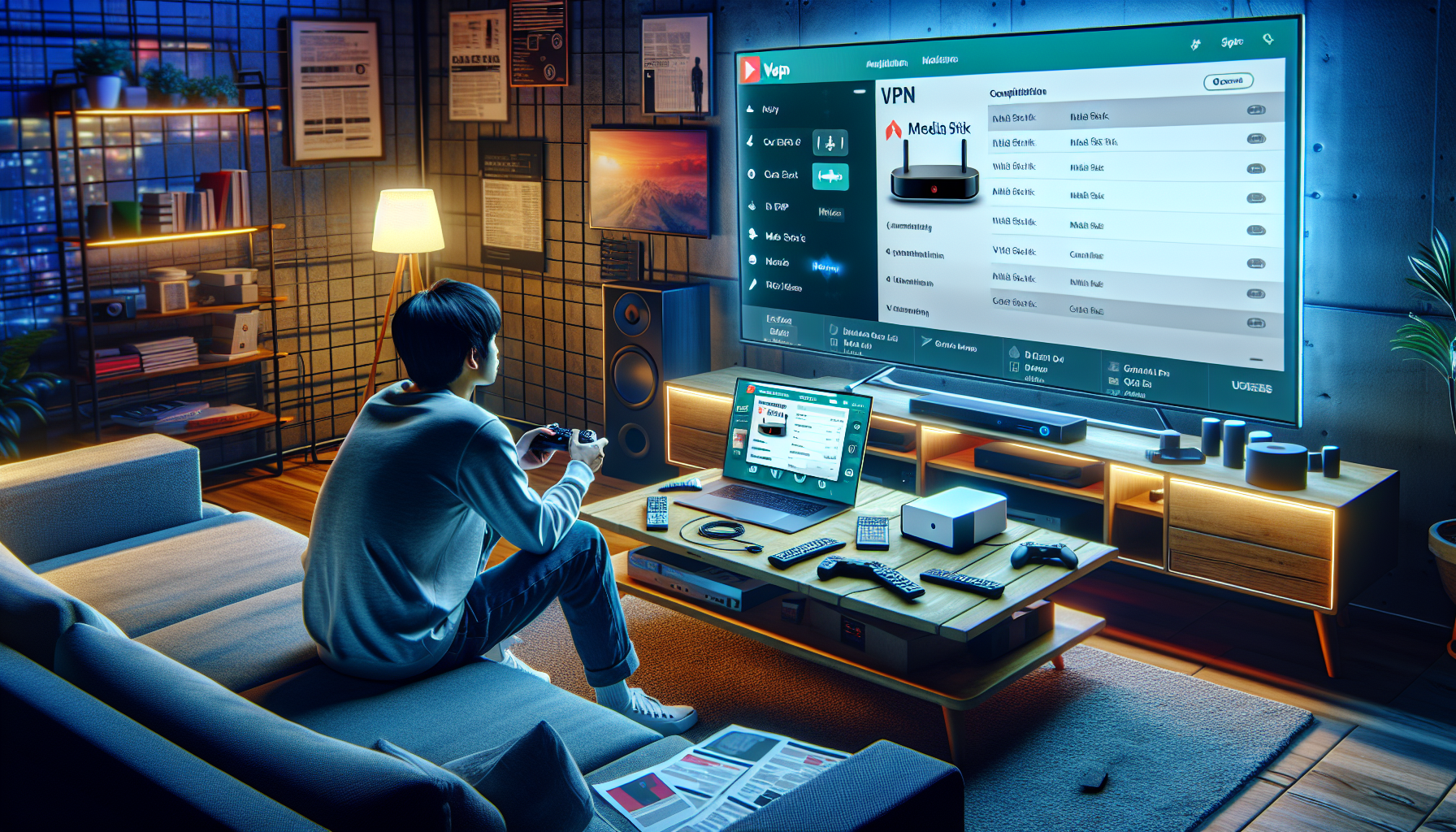 Create an image depicting a person preparing to set up a VPN on their Firestick. The scene shows a cozy living room with a television displaying the Firestick home screen. On a nearby table, there is a laptop open with a VPN service website on the screen. The person is holding a Firestick remote and seems to be checking the compatibility of the VPN service with their Firestick. There are installation guides and tech gadgets (like routers and modems) scattered around the room, indicating readiness for the VPN setup process. The overall atmosphere is focused and technology-oriented, emphasizing the preparatory steps before configuring the VPN.