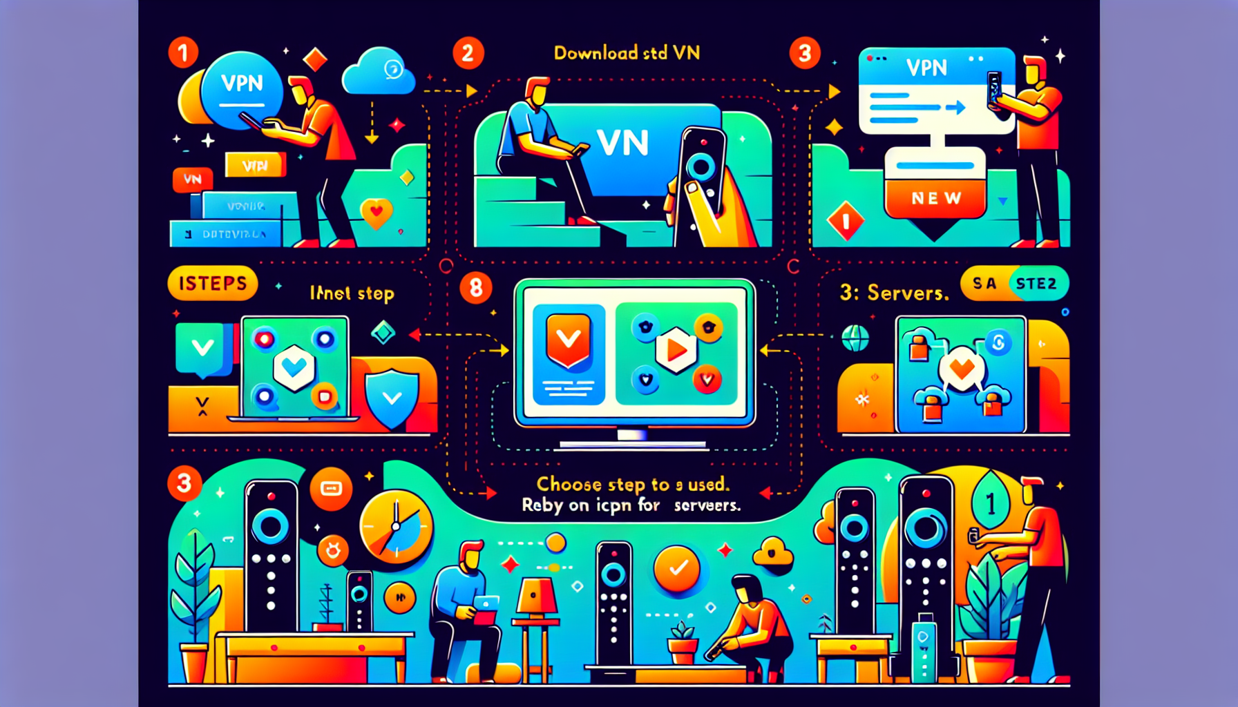 Prompt: Create a detailed and instructional illustration showing a step-by-step guide on how to set up VPN on an Amazon Firestick. The image should include clear, numbered steps, icons representing each stage (such as downloading the VPN, installing it, and choosing servers), and a visual representation of the Firestick interface. The style should be clean and modern, with a focus on making the instructions easy to follow. Keywords: vpn for firestick.