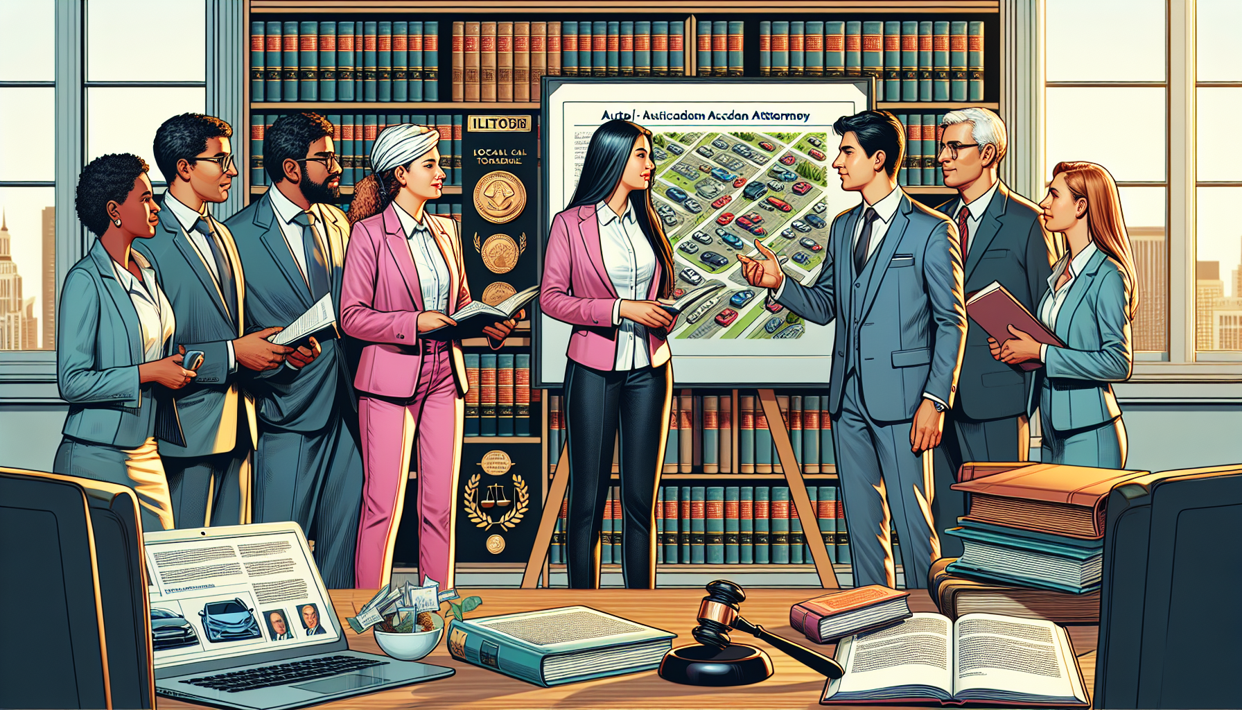 An experienced auto accident attorney standing in a law library, surrounded by legal books, consulting with a diverse group of clients. The attorney is pointing at a large map of the local area while discussing specific cases, illustrating his deep knowledge of local traffic laws. The image also includes visible awards and certificates highlighting the attorney’s successful case outcomes and specialization in auto accidents. Nearby, a laptop screen displays client testimonials and the attorney’s clear and professional communication style.