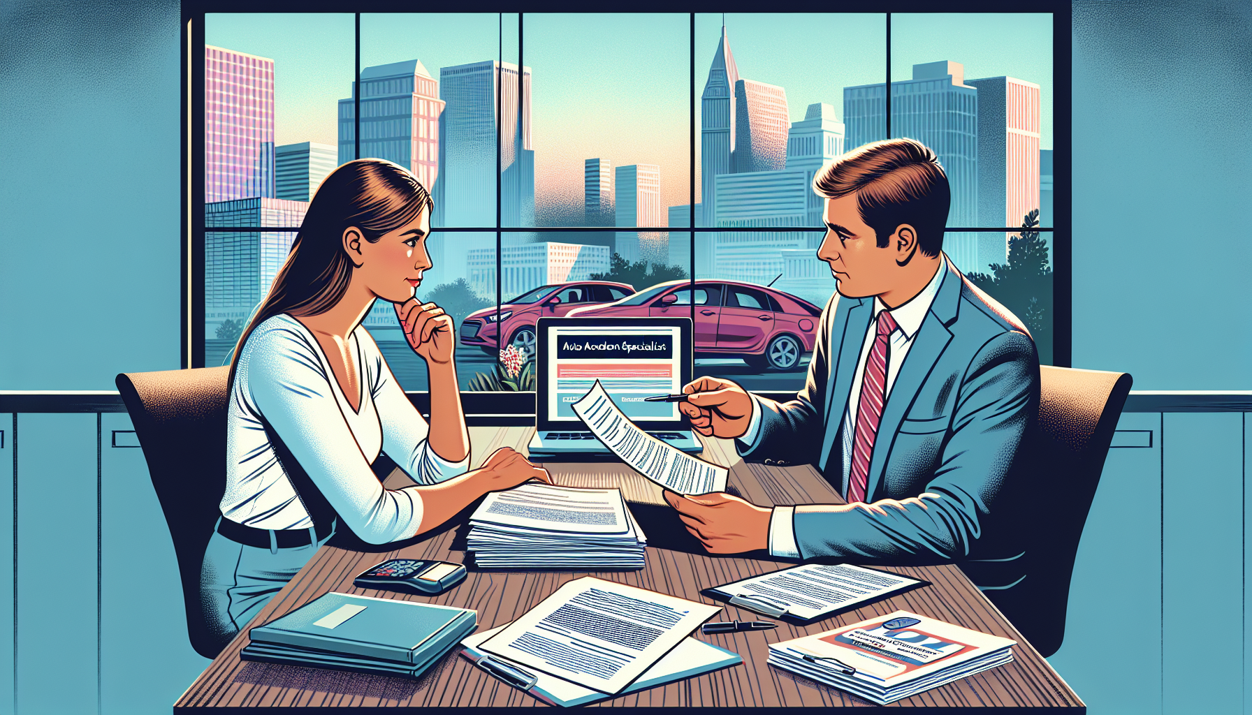 Prompt: Create an image of a focused and professional consultation between a potential client and an experienced auto accident attorney in a well-organized, modern office setting. The client, a middle-aged woman, appears thoughtful, holding a stack of documents and medical reports related to her accident. Across from her sits the attorney, a confident middle-aged man explaining a document to her. On the desk, display a nameplate denoting 