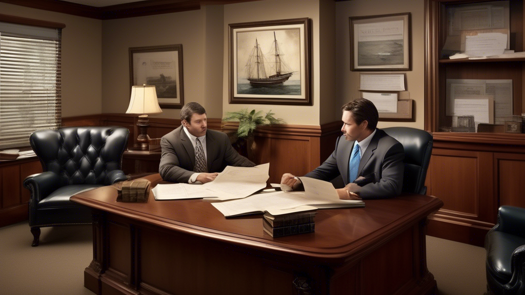 DALL-E prompt: Illustrate a scene in a modern legal office in Beaumont, Texas, with a focused Beaumont boat accident lawyer sitting across from a distressed client, explaining documents and strategizing. The office should have maritime-themed decor, including framed boat photographs and maritime law books on shelves. Emphasize the detailed communication between the lawyer and client, capturing expressions of concern and professionalism, highlighting a supportive and understanding interaction.