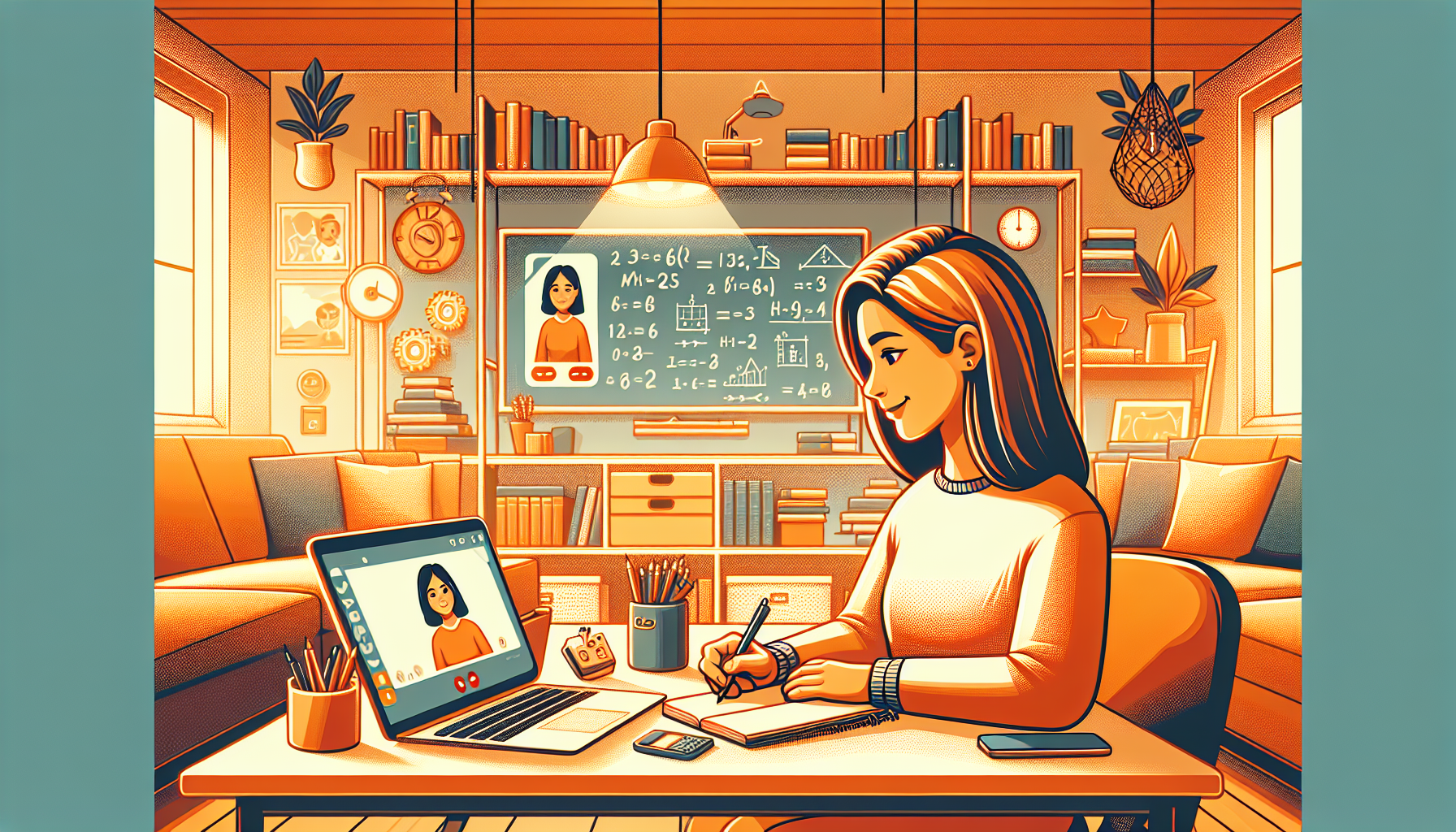 Create an image depicting a calm and cozy home office setting where an individual is tutoring a student online. The tutor is sitting at a modern, organized desk with a laptop open to a video call software, teaching subjects like math, science, or language arts. The background shows educational materials, bookshelves, and a whiteboard with math equations or language notes. The lighting is warm and ambient, emphasizing the comfort and flexibility of working from home. Keywords: side jobs from home, online tutoring, home office, educational setting.