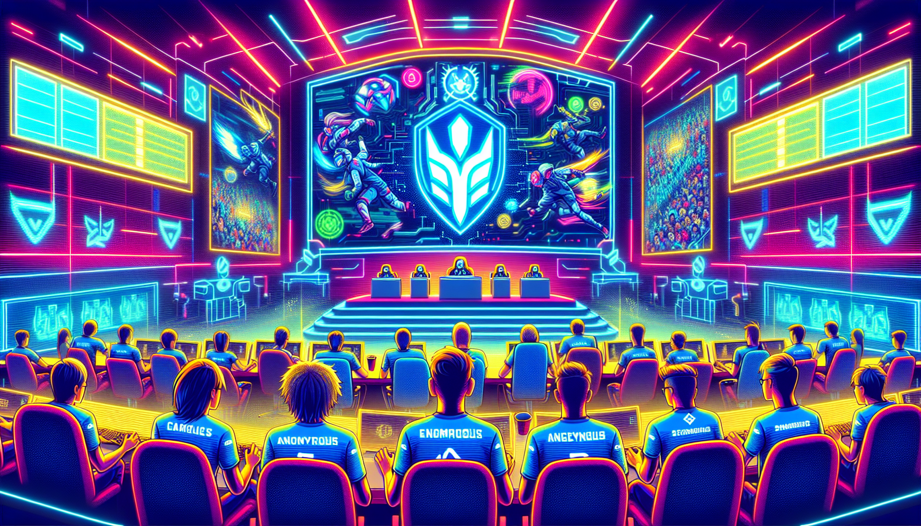 Create an image that depicts the vibrant ecosystem of esports: a scene featuring professional players in intense concentration, practicing in a high-tech training facility with team logos on their jerseys. In the background, display large screens showing highlights from major tournaments like The International, League of Legends World Championship, and Overwatch League. Include elements that denote sponsorships and revenue streams, like brand logos and merchandise booths, to showcase the multifaceted nature of the esports industry. Place the entire setting within a dynamic, futuristic arena environment, capturing the essence of competitive gaming.