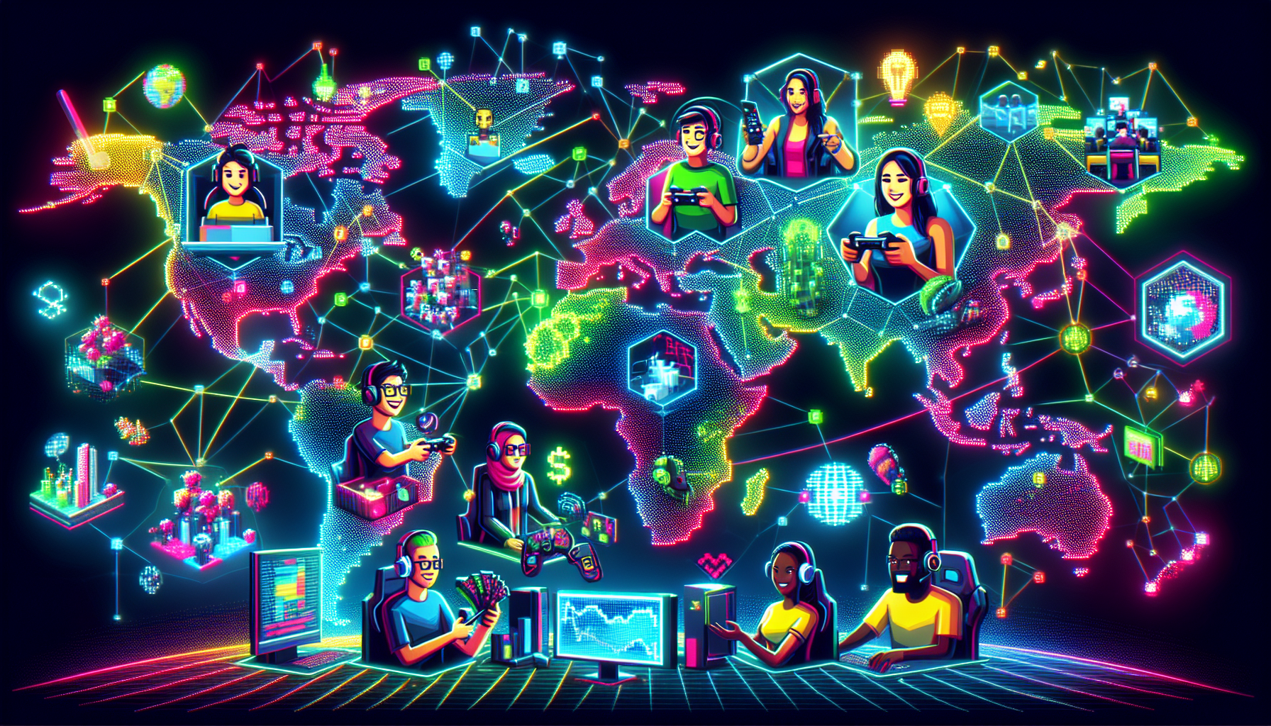 Create an image that depicts The Global Impact of Esports. Visualize a vibrant, interconnected world map adorned with various esports elements. Feature diverse groups of people engaged in activities like gaming, live-streaming, and event management, all connected via lines and nodes to emphasize the cultural and economic reach of esports. Include symbols like gaming controllers, virtual reality headsets, currency icons, and futuristic tech to illustrate the influence and potential future trends in esports. The image should reflect a dynamic and growing global community driven by the spirit of competitive gaming.
