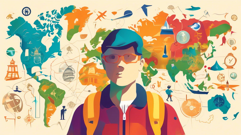 Prompt: A person exploring the world using an educational outline map, with a curious and adventurous expression, surrounded by icons representing travel, geography, and lifelong learning.