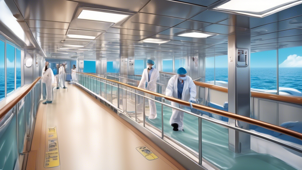 Prompt: A detailed depiction of a cruise ship deck showcasing various safety protocols and precautions in place to minimize slip and fall risks. The image features clear signage, non-slip flooring, staff demonstrating safe practices, and well-maintained handrails. In another area of the ship, an on-board medical facility is visible, well-equipped with modern equipment and attended by professional medical staff ready to assist passengers. In the background, passengers are engaging in various activities both on-board and on-shore excursions, all under the watchful eyes of trained guides and crew members ensuring their safety.
