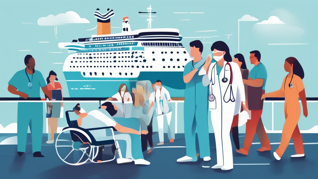 Create an image that illustrates a passenger on a modern cruise ship who has just sustained an injury, showing them being attended to by medical personnel. In the background, there should be visible elements depicting legal and health resources, such as a sign directing to the ship