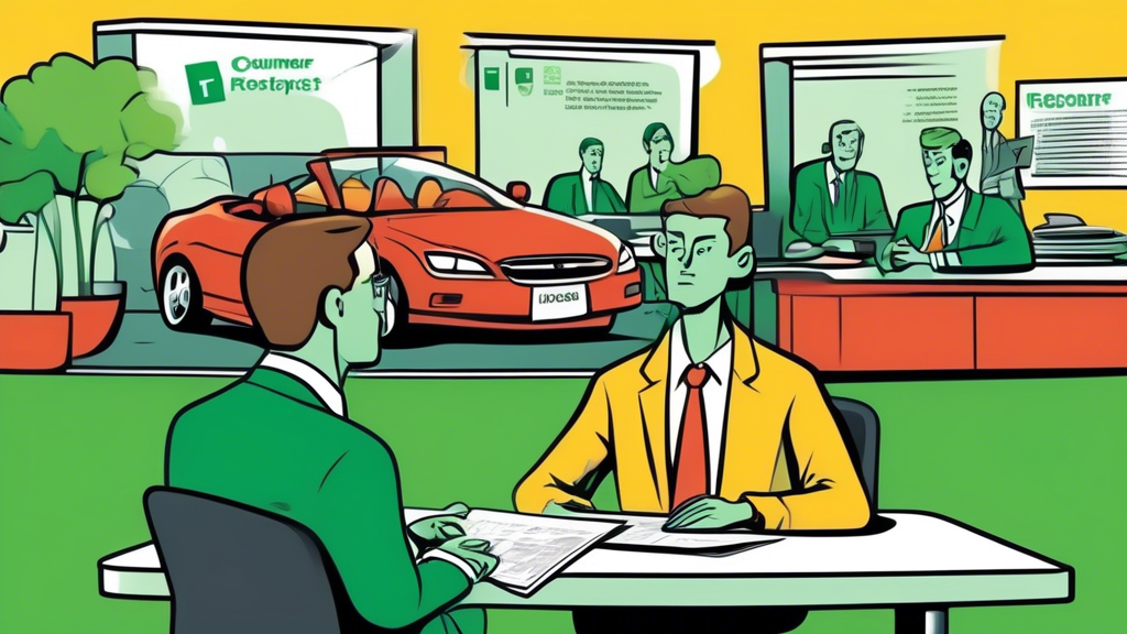 A determined individual sits at a car dealership negotiation table, confidently facing a confused car salesman.  The customer holds a tablet displaying the Consumer Reports logo and website.  A thought bubble above the customer