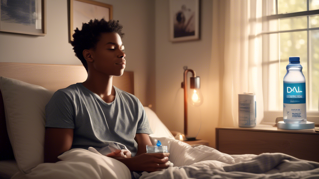 DALL-E prompt: Create an image of a young adult in a cozy, modern bedroom wearing a hydration patch on their arm, appearing relieved and peaceful. The scene includes a glass of water and a bottle of electrolyte supplements on the nightstand, contrasting with the hydration patch. Visualize sunlight filtering through a window, hinting at morning recovery. The room should reflect elements of a comforting recovery space, like soft bedding and gentle colors, emphasizing the theme of hangover relief and wellness.