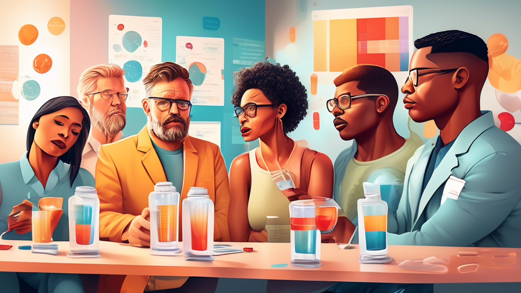 An illustrated concept showing a diverse group of people giving testimonials about their experiences with hydration patches for hangover relief, interspersed with scientific charts and graphs displaying research data on the effectiveness of these patches.