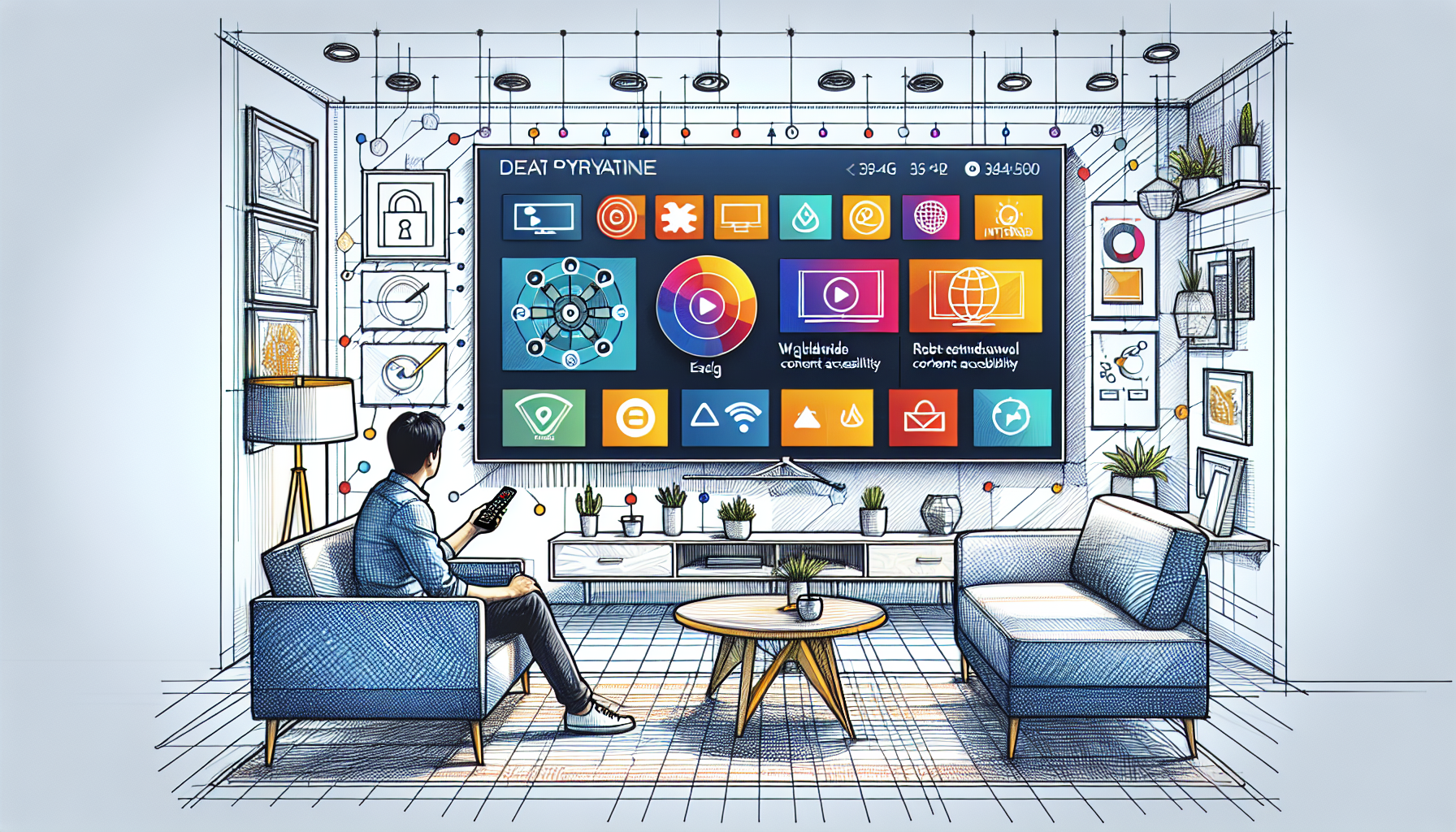 Create an image of a modern living room featuring a large flat-screen TV with a Firestick interface displayed. Highlight the Firestick interface with logos of ExpressVPN, NordVPN, Surfshark, CyberGhost, and IPVanish prominently displayed around it. Additionally, include icons or graphics representing high-speed internet, global content access, and strong security measures subtly in the background. Include a stylish depiction of a person using a remote control comfortably seated on a couch to convey ease of use.