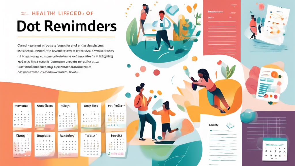 An illustrated visual showing a calendar marked with periodic check-up reminders, a list of healthy lifestyle tips, and examples of notification letters for renewal and suspension of a DOT medical certificate, depicting the best practices for maintaining eligibility for a DOT medical standard.