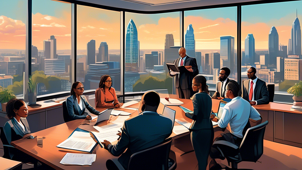 A professional, detailed consultation scene in a modern law office, featuring a diverse group of clients and a knowledgeable attorney discussing injury law in Charlotte, with legal books, a laptop displaying legal software, and a cityscape of Charlotte in the background. The atmosphere is calm and supportive, with participants showing expressions of trust and attentiveness.