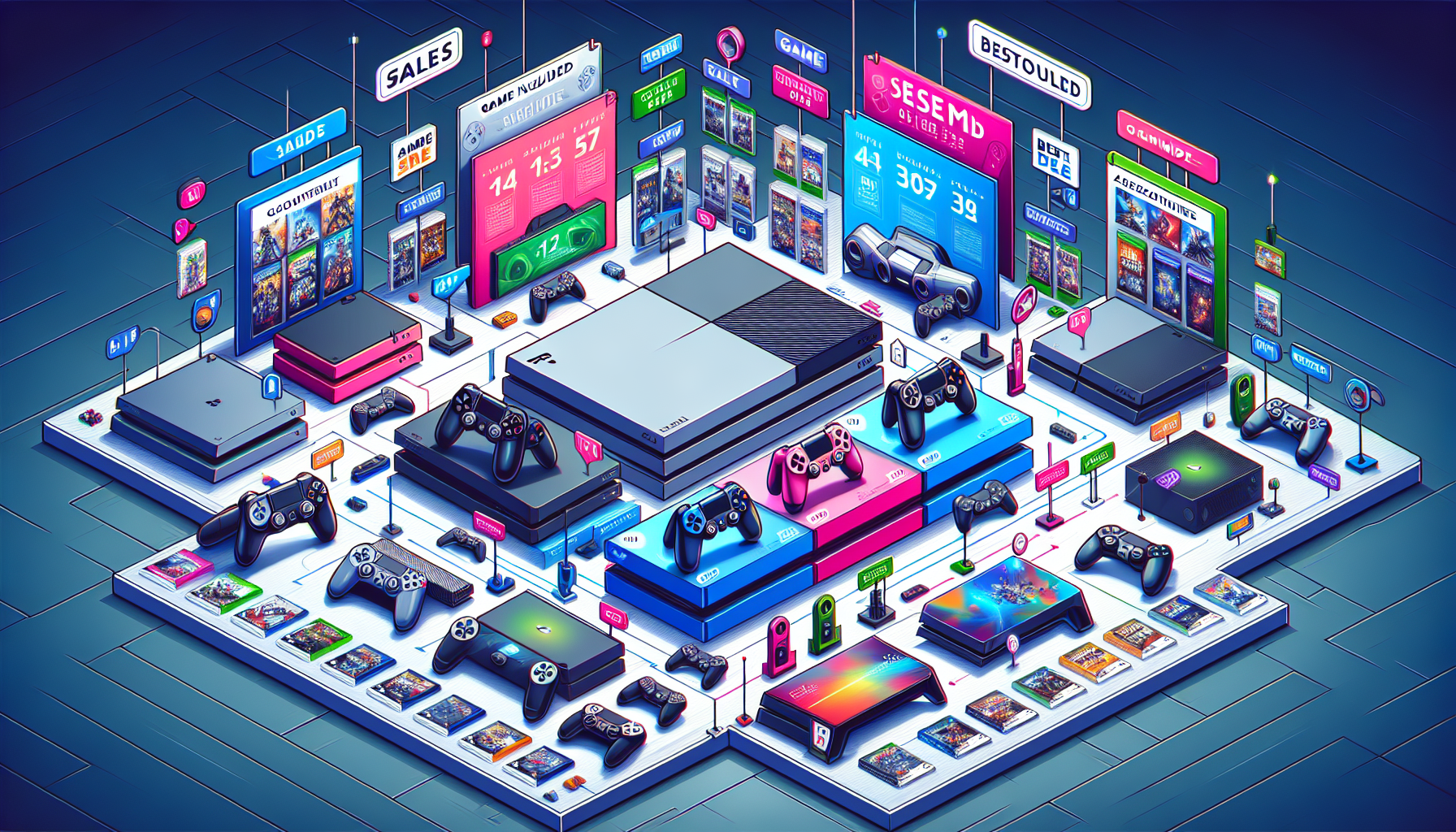 Create an image that showcases various PlayStation 4 models and bundles available for sale. The image should include the Standard, Slim, and Pro versions of the PlayStation 4, each displayed prominently with clear labels. In addition, feature a selection of popular game-included packages and accessory deals, such as controllers and headsets, surrounding the consoles. Use a clean, organized layout with a modern design, and add subtle price tags or banners indicating “Sale” and “Best Deals.” Highlight the diversity in choices to appeal to different gaming needs and preferences.