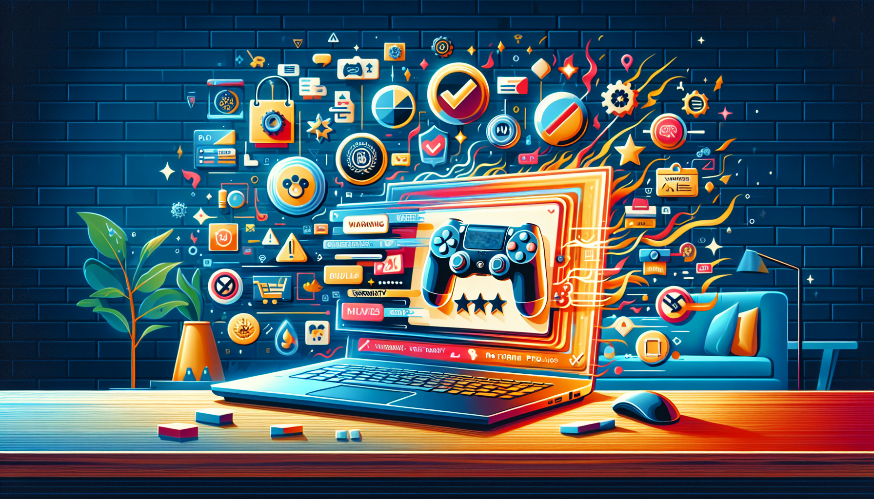 Create an image that depicts a laptop with a PlayStation 4 for Sale advertisement on the screen. Surround the laptop with warning signs and icons representing verified reviews, a checklist for red flags, and symbols for warranty, return policy, and customer support. The background shows a cozy home setup, emphasizing the importance of careful online shopping.