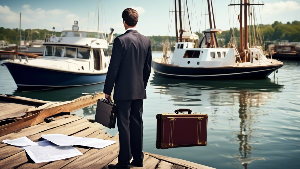 Create an image that depicts a boat crash lawyer actively involved in their work. The scene should show a lawyer in a sharp suit standing on a dock, holding a briefcase, with a damaged boat in the background. The lawyer should be engaged in conversation with a client while reviewing some documents. Another part of the image should include an investigator taking pictures or collecting evidence from the damaged boat, and an insurance adjuster standing by, looking concerned. The image should evoke a sense of professionalism, urgency, and expertise in maritime legal matters.