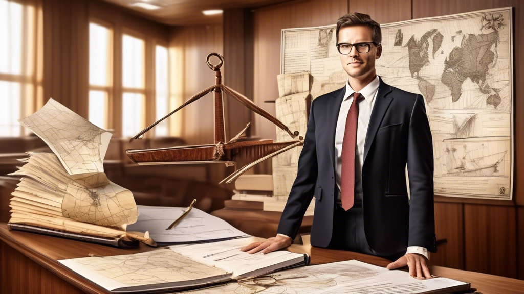 Create an image showing a confident boat crash lawyer standing triumphantly beside a large, modern courtroom with wooden panels and maritime-themed decorations such as anchors, ship wheels, and maritime maps. In the background, show a collage of successful case files and documents with highlights and annotations, symbolizing fair compensation such as Medical Expenses, Lost Wages, and Pain and Suffering. Include floating images of clients shaking hands with the lawyer and receiving settlements, depicting real-life success stories.
